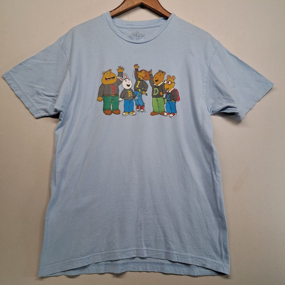 Vintage Arthur PBS Kids Pride Rainbow Bears T-Shirt XL Light Blue
